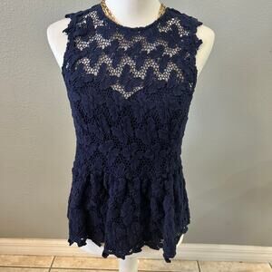 Lilly Pulitzer Navy Lace Peplum Top Sleeveless Open Back Blouse Size 6